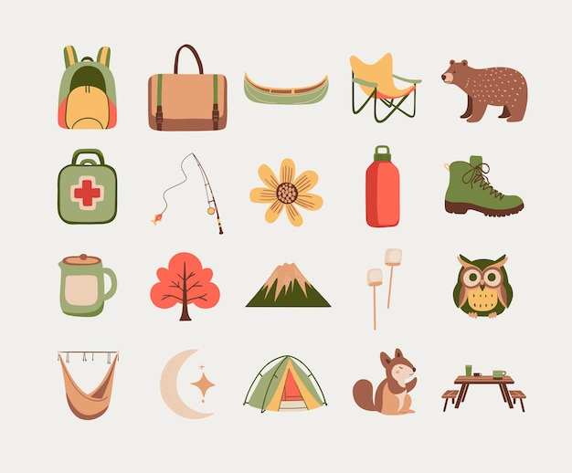 Colección de íconos de aventuras de acampada y senderismo