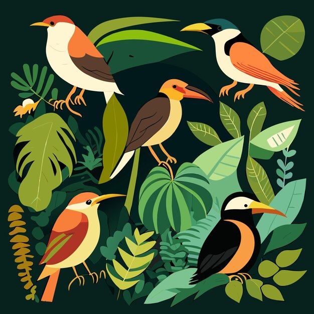 Vector colección de iconos de aves exóticas de la selva tropical