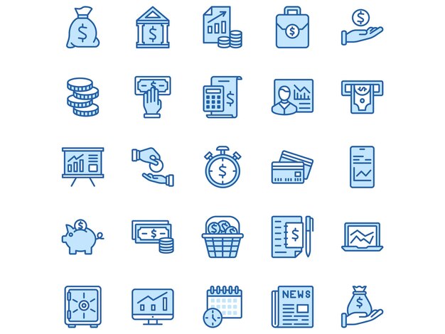 una colección de iconos azules y blancos con un fondo azul