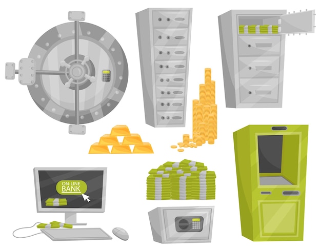 Colección de iconos de banco Puerta de cajas de seguridad lingotes de oro y monedas montón de efectivo apilado Cajero automático Tema bancario y financiero Ilustraciones coloridas de vectores planos aisladas en fondo blanco