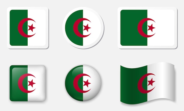 Colección de iconos de la bandera de Argelia Adhesivos planos 3D elementos vectoriales de vidrio realistas fondo blanco
