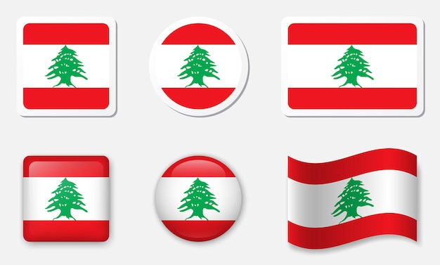 Colección de iconos de la bandera del Líbano Stickers y elementos vectoriales de vidrio 3D Fondo blanco con sombra