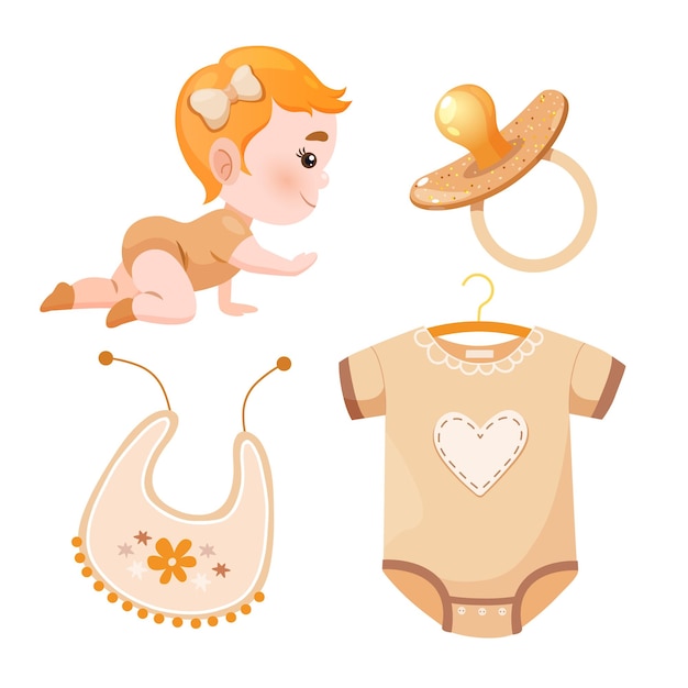 La colección de íconos de bebés incluye una chica pequeña que se arrastra, un chupete para bebés en colores pastel.