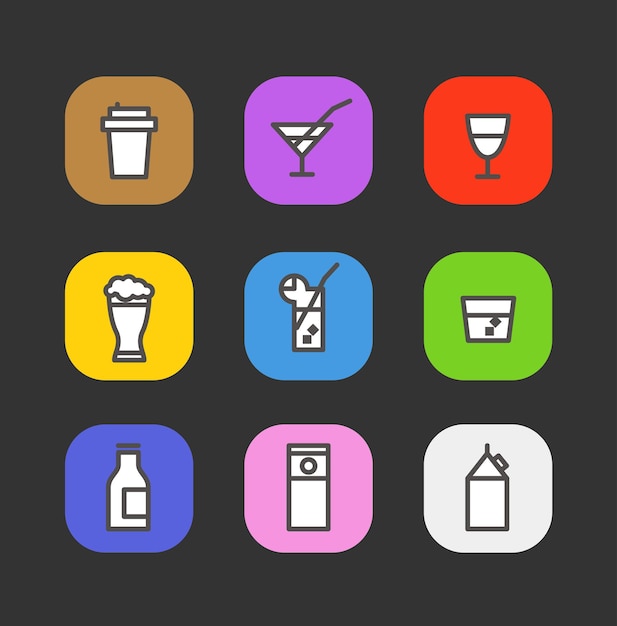Colección de iconos de bebidas diferentes y simples