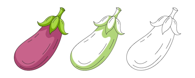 Colección de iconos de berenjena coloridos y de líneas Iconos de contorno vectorial de verduras de la granja Iconos monocromáticos y de color