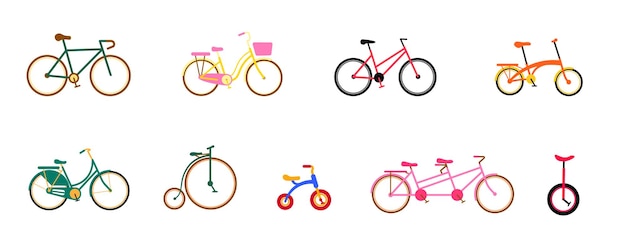 Colección de iconos de bicicletas planas conjunto único de transporte de biciclas colección aislada