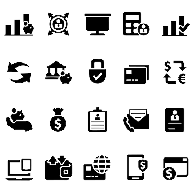 una colección de iconos en blanco y negro con algunos símbolos en ellos