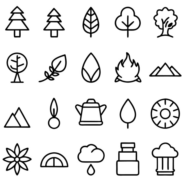 una colección de iconos en blanco y negro con un árbol en él
