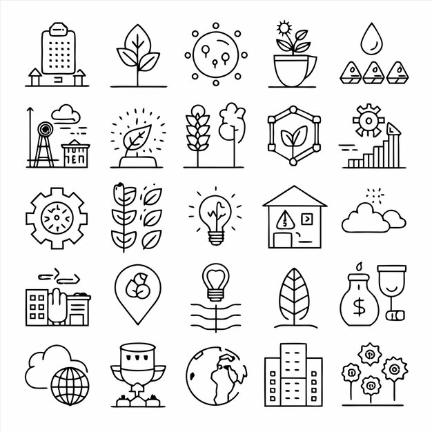 una colección de iconos en blanco y negro con una casa y un reloj en él