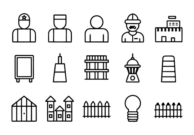 una colección de iconos en blanco y negro con diferentes símbolos, incluido un hombre y un edificio