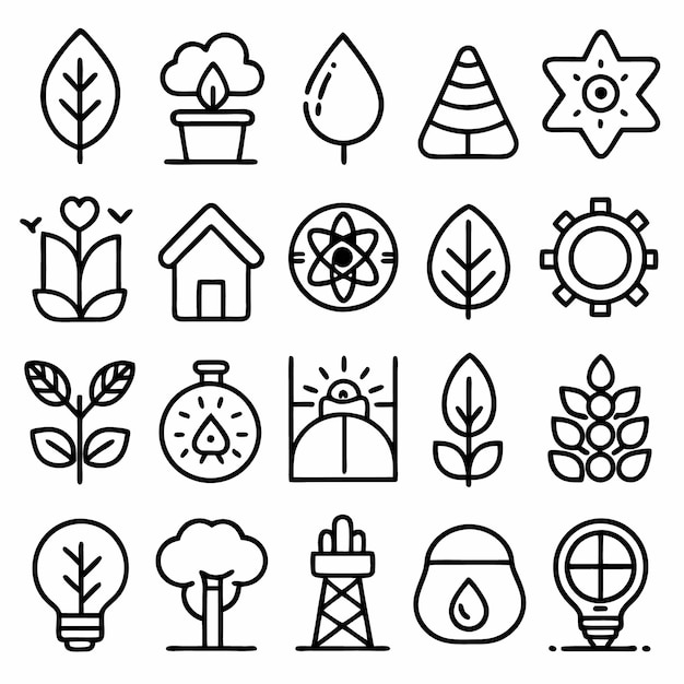 una colección de iconos en blanco y negro con un fondo blanco con un árbol y flores