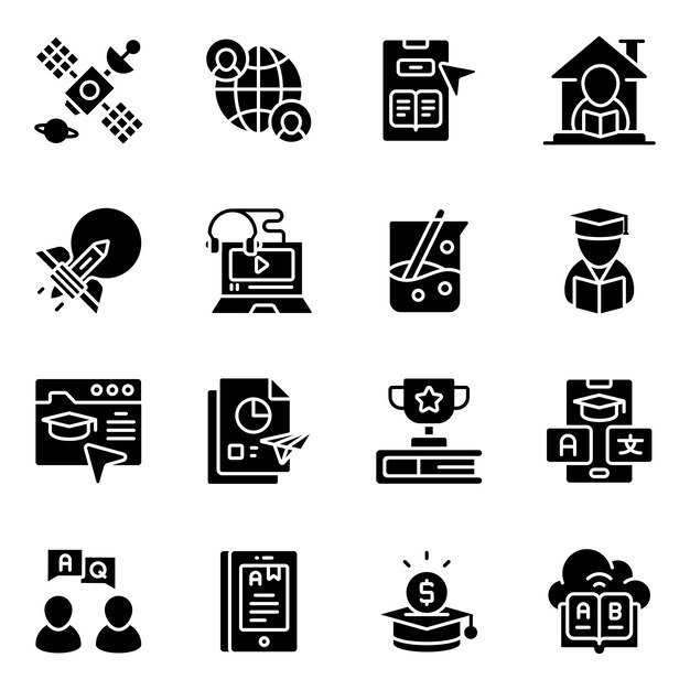 una colección de iconos en blanco y negro con un fondo negro