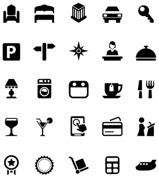 una colección de iconos en blanco y negro con una gran letra p en él