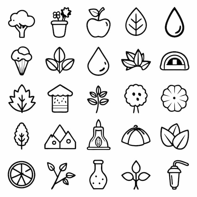una colección de iconos en blanco y negro con una hoja en él