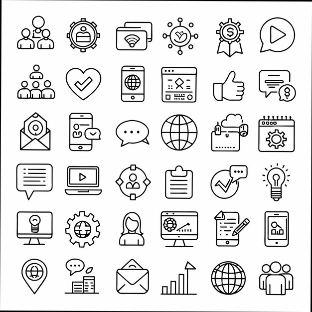 una colección de iconos en blanco y negro con un icono web en la parte superior