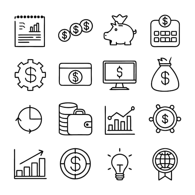 una colección de iconos en blanco y negro con una línea de iconos de negocios