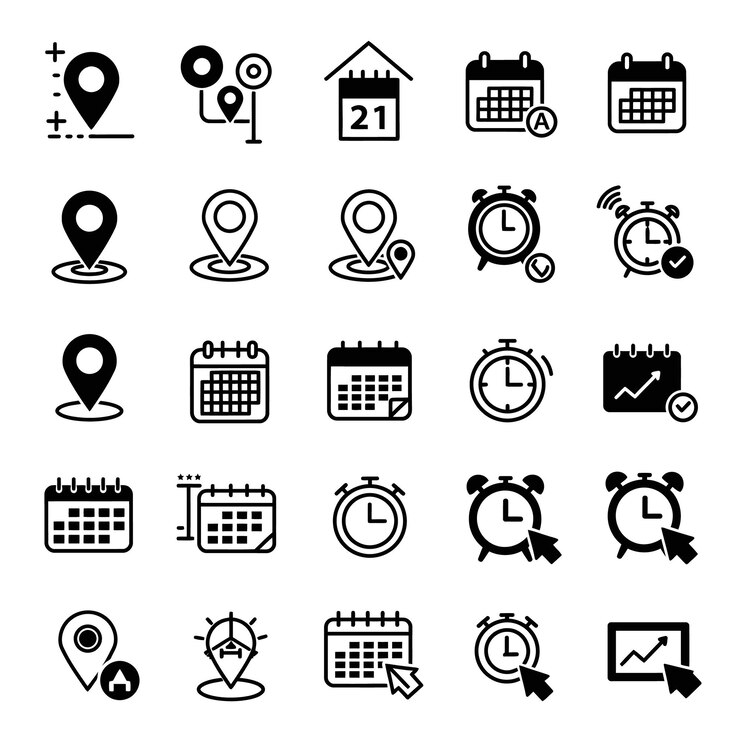 Colección de iconos en blanco y negro Lugar Calendario y hora