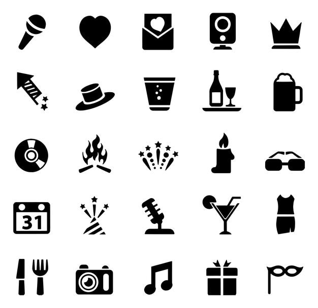 una colección de iconos en blanco y negro que incluyen una corona y una corona