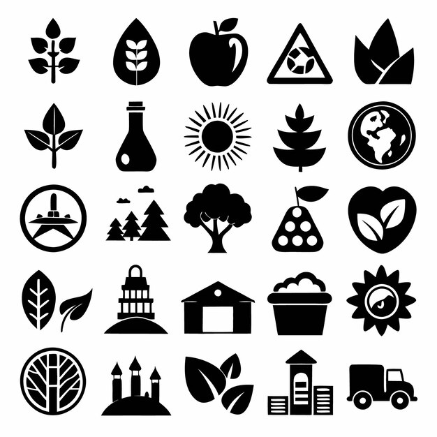 una colección de iconos en blanco y negro con una ráfaga de sol en él