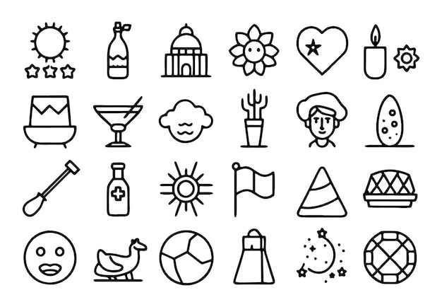 una colección de iconos en blanco y negro con una silueta de un sol y un pájaro en él