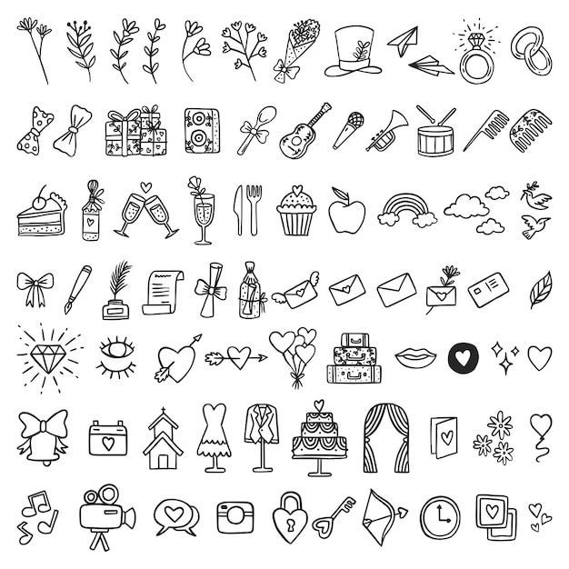 Colección de iconos de boda Doodle dibujados a mano