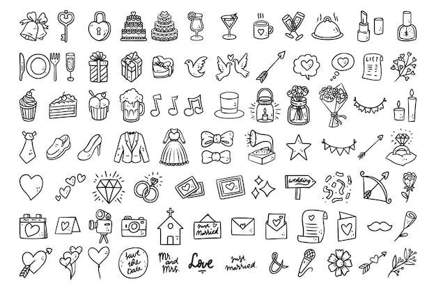 Vector colección de iconos de boda doodle dibujados a mano