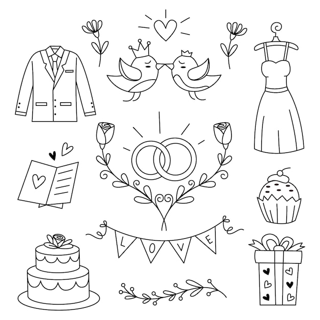 Vector colección de iconos de bodas dibujados a mano festivo de estilo clipart