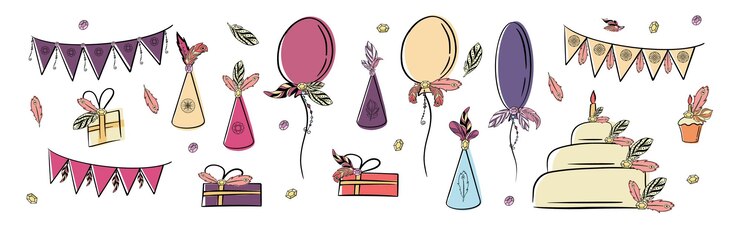 Vector colección de iconos boho chic con plumas, diamantes, pasteles de cumpleaños, flechas y banderas, ilustración vectorial en estilo boho