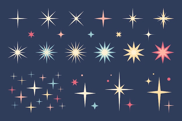 Colección de iconos brillantes retro futuristas Conjunto de formas de estrellas sobre un fondo azul oscuro