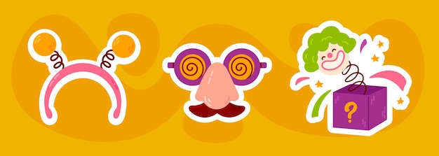 Colección de íconos de bromas vectoriales para el Día de los tontos de abril pegatinas coloridas con bromas de disfraces divertidos