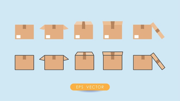 Colección de iconos de cajas de cartón vistos desde el frente Colección de icones de cajas para paquetes de productos paquetes de entrega de cartón Vector de existencias