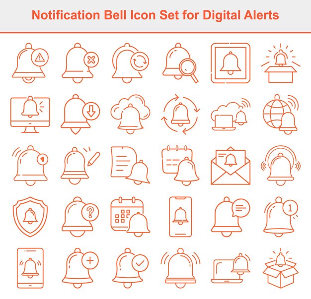 Colección de iconos de campanas de notificación de arte de línea naranja sobre un fondo blanco