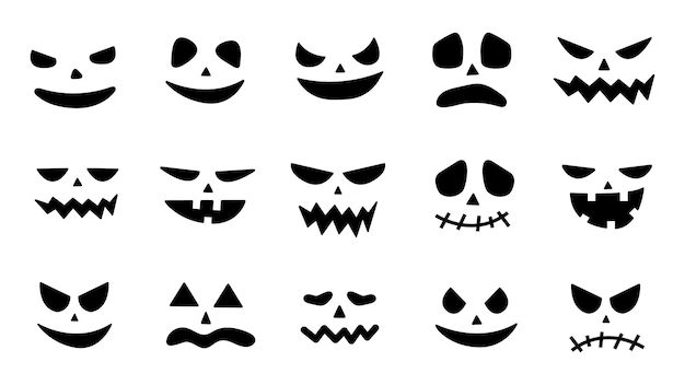 Colección de iconos de caras de calabaza de Halloween. Fantasma de caras aterradoras. Sonrisa de calabaza espeluznante jack o lanter o vampiro asustado. Diseño para la fiesta de Halloween. Ilustración vectorial.