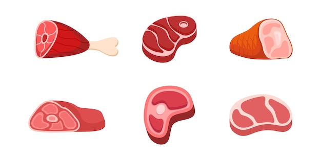Colección de iconos de carne cruda en estilo plano Ilustración vectorial de cordero o carne de res en un fondo aislado Concepto de negocio de carteles de proteína frita