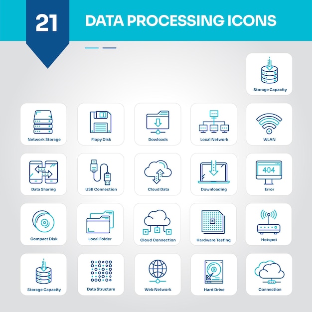 Colección de iconos del centro de datos Conjunto de vectores de respaldo de la instalación de red de almacenamiento en la nube del rack del servidor