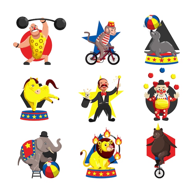 Colección de iconos de circo coloreado plantilla vector de dibujos animados