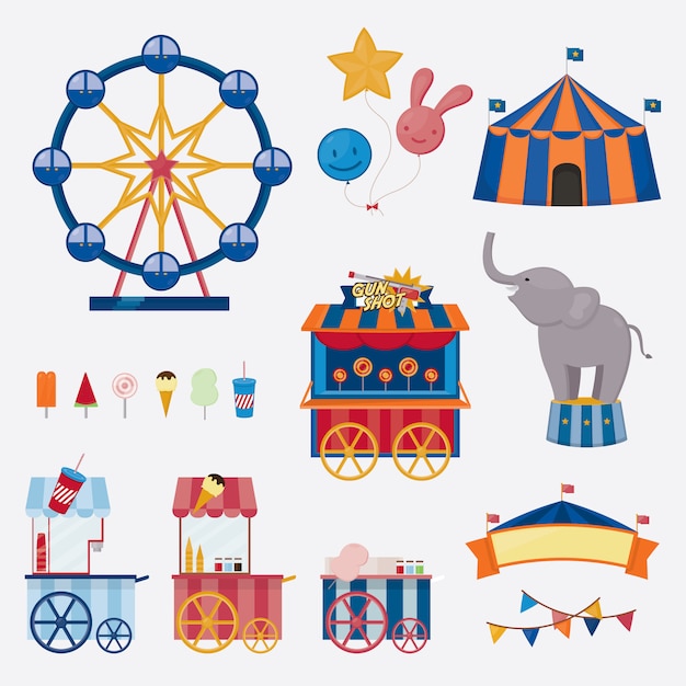 Colección de iconos de circo. Ilustración de vector lindo objetos de diversión.