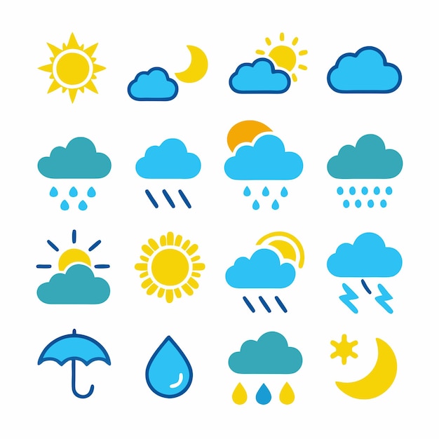Colección de iconos climáticos de colores en un fondo blanco aislado 16