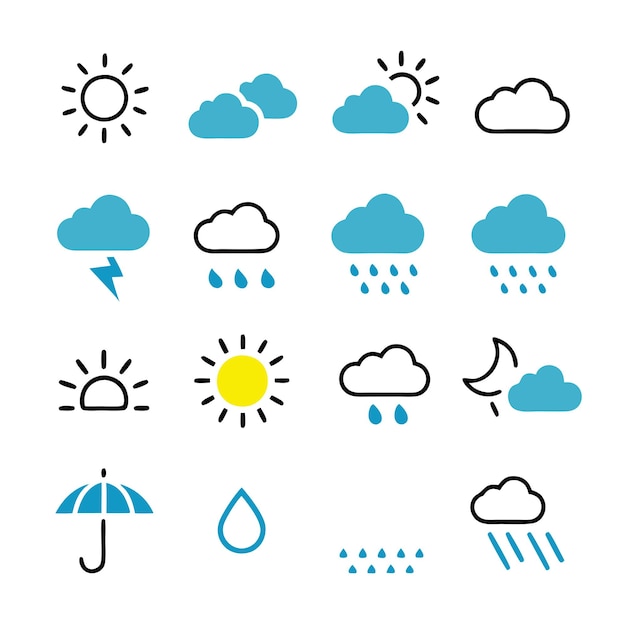Colección de iconos climáticos de colores en un fondo blanco aislado 8