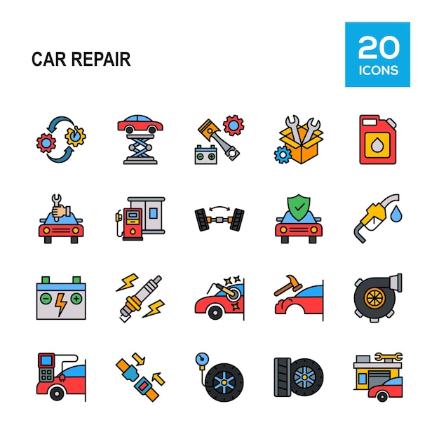Colección de iconos de colores lineales para reparación de automóviles