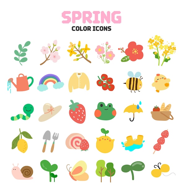 una colección de iconos coloridos que incluyen iconos de colores de primavera