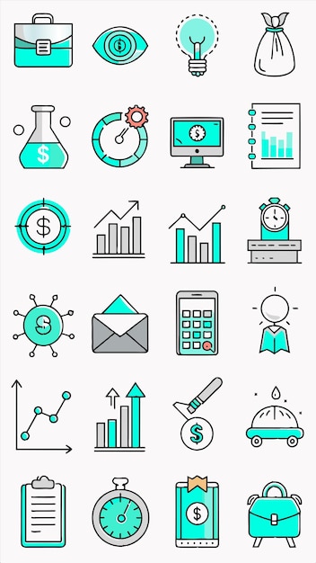 una colección de iconos comerciales que incluyen un gráfico con un gráfico y una tarjeta de visita