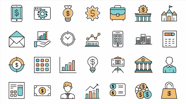 una colección de iconos comerciales que incluyen un intercambio financiero e iconos financieros