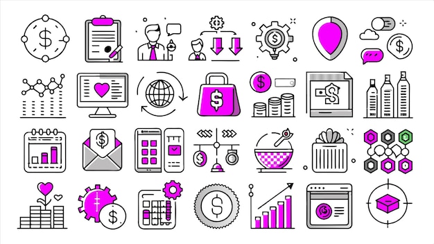 una colección de iconos comerciales que incluyen un logotipo comercial rosado y púrpura