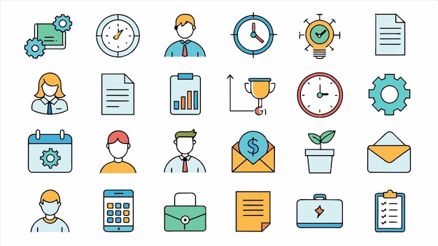 una colección de iconos comerciales que incluyen un reloj un reloj y una tarjeta de visita
