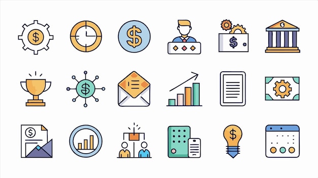 una colección de iconos comerciales que incluyen una tarjeta de visita comercial e iconos comerciales