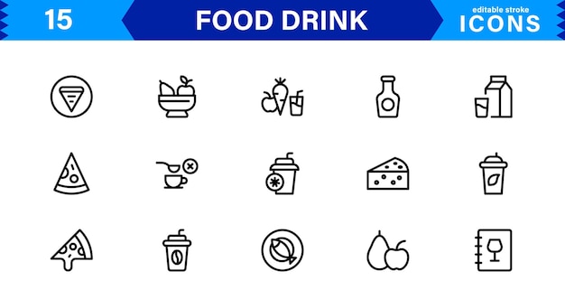 Colección de íconos de comida y bebida con bebidas culinarias Alimentación saludable Iconos de cocina y comidas en un estilo minimalista Descargar listo