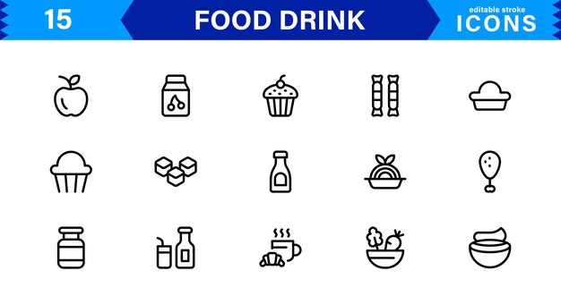 Colección de íconos de comida y bebida con bebidas culinarias Alimentación saludable Iconos de cocina y comidas en un estilo minimalista Descargar listo