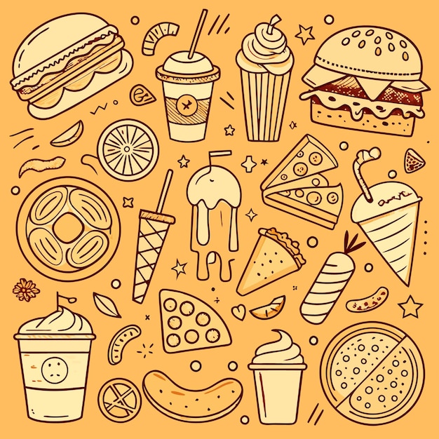 Una colección de iconos de comida dibujados a mano que incluyen hamburguesas, pizza, helados y más.