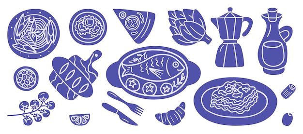 Colección de iconos de comida italiana dibujados a mano con pescado dorado, lasagna, ravioli, verduras, vino, cafetera y más, creados con líneas similares a la tinta para diseños tradicionales de temática culinaria.